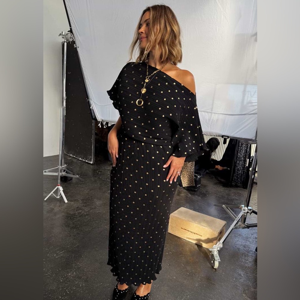 Never Fully Dressed Black Midi Dress with Gold Dot Print - Picture 2 of 16